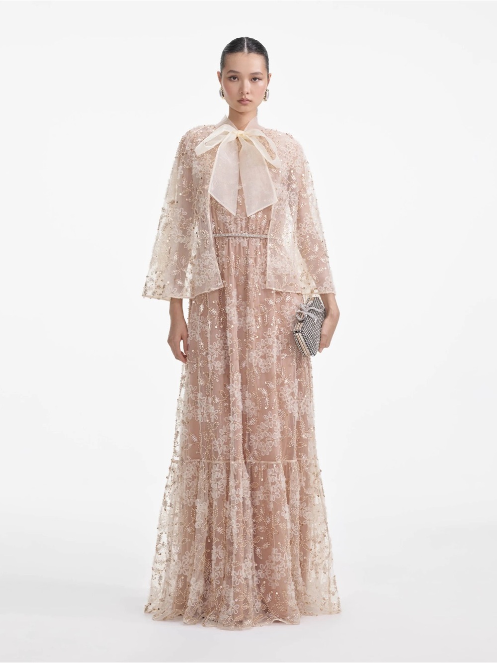 Self-Portrait EMBELLISHED CAPE MAXI DRESS with Bow Neck - Picture 1 of 9